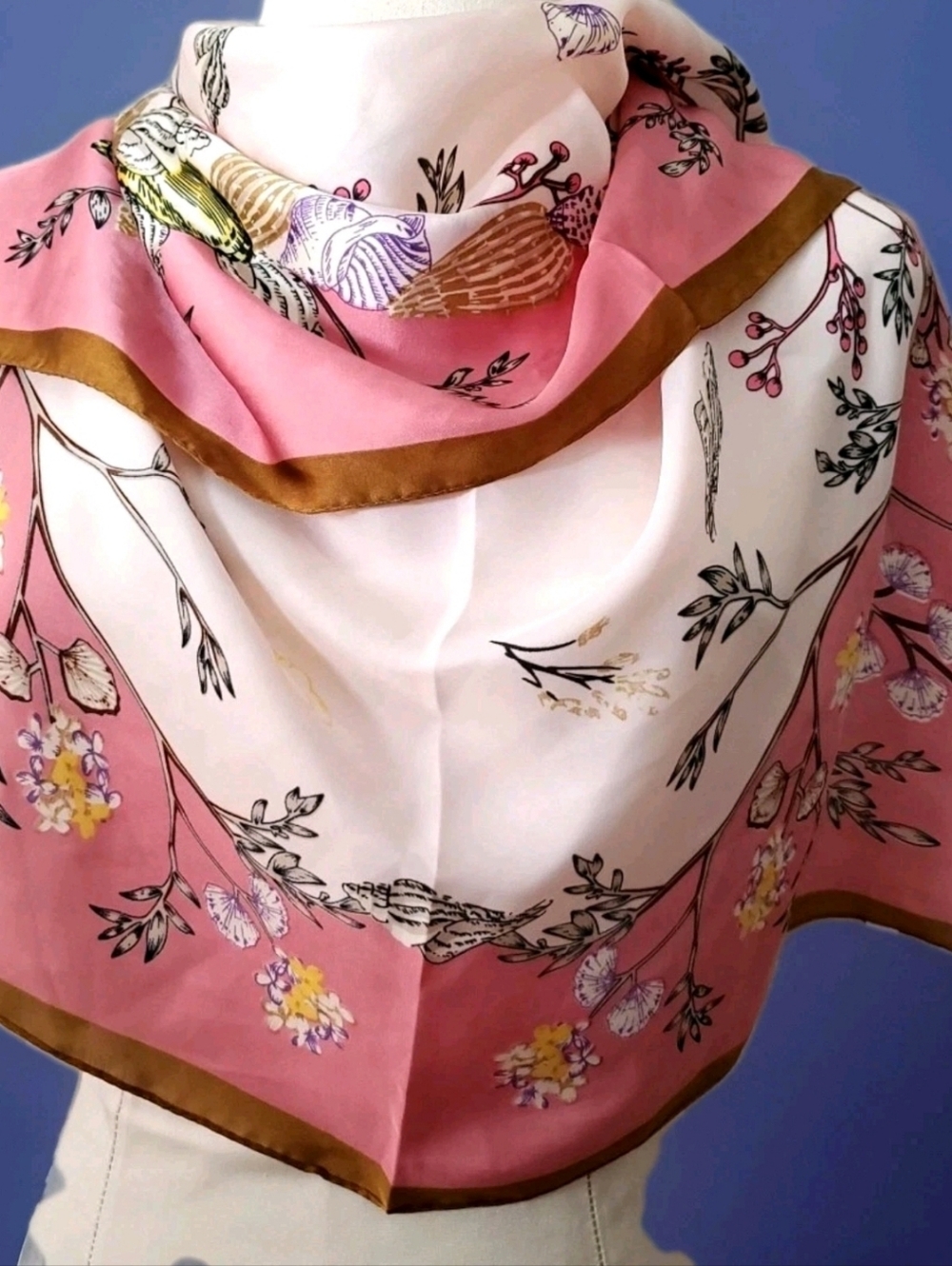 Luxurious Silky Scarf Delicate Pink Sea Shell Botanical Floral Design Square 28"